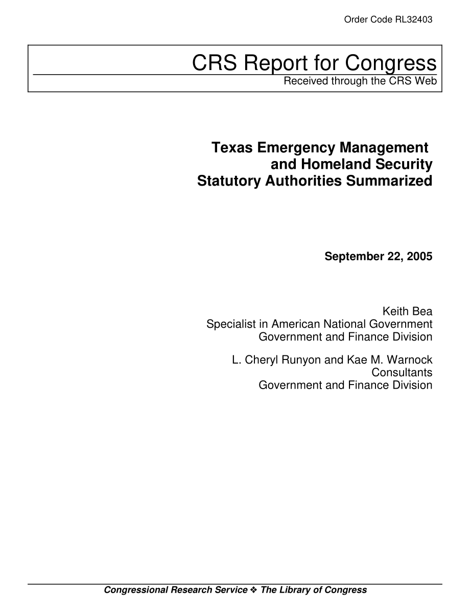 [20050922]RL32403_德克萨斯州应急管理和国土安全法定机构总结.pdf_第1页