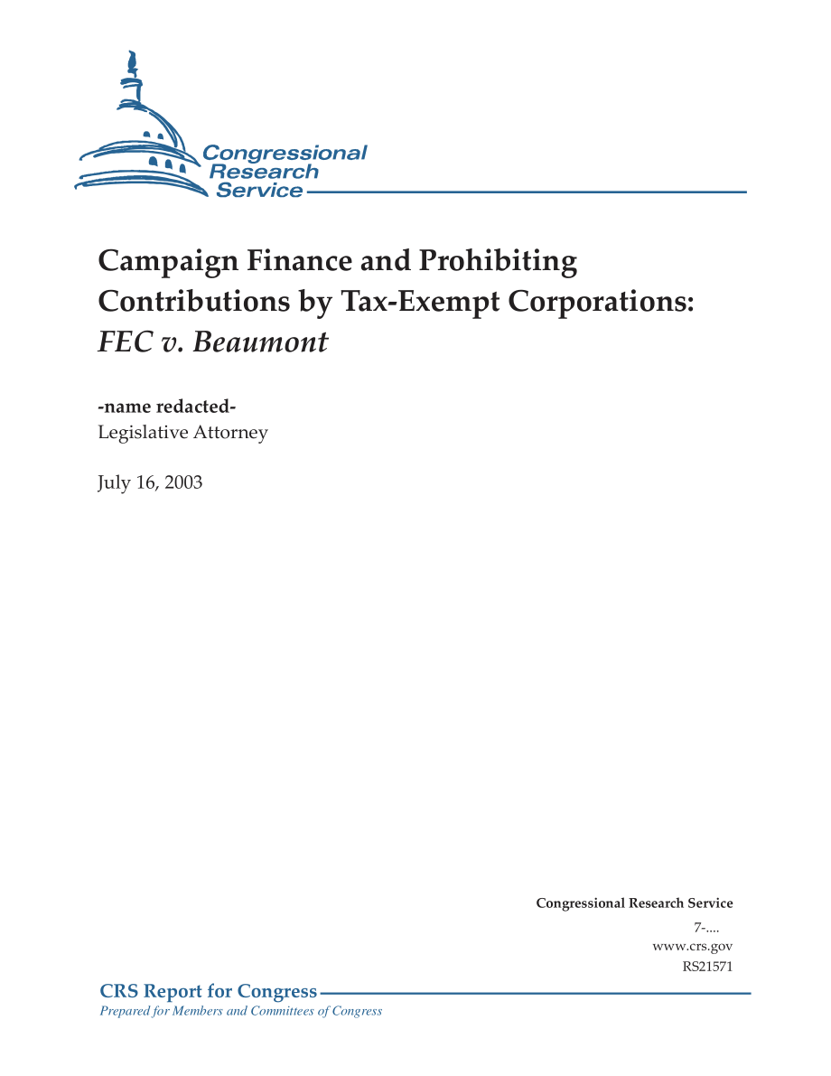 [20030716]RS21571_竞选资金和禁止免税公司捐款：FEC诉博蒙特.pdf_第1页