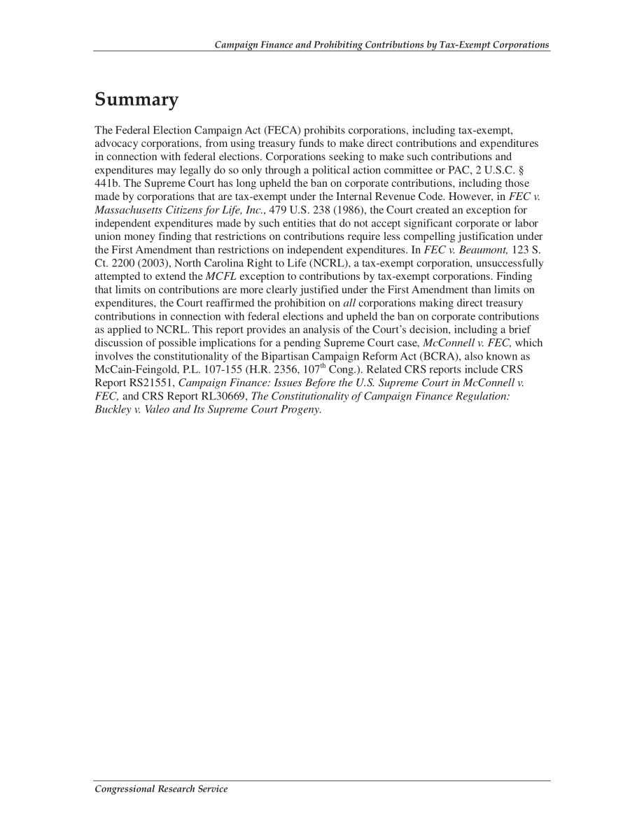 [20030716]RS21571_竞选资金和禁止免税公司捐款：FEC诉博蒙特.pdf_第2页