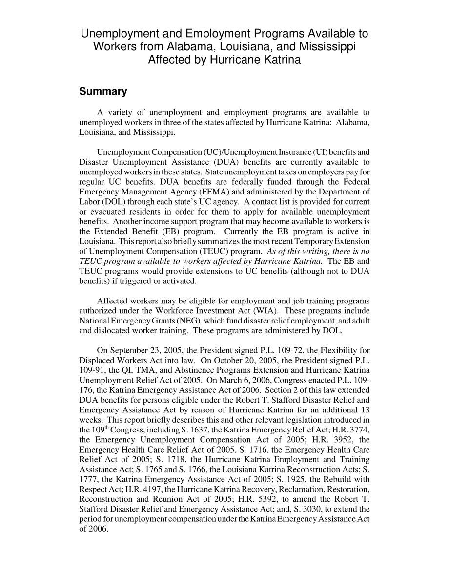 [20060605]RL33084_阿拉巴马州、路易斯安那州和密西西比州受卡特里娜飓风影响的工人可获得的失业和就业计划.pdf_第2页