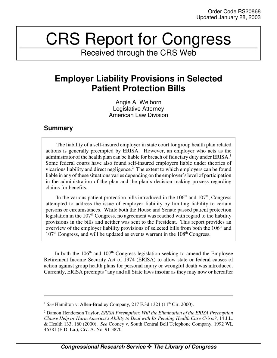 [20030128]RS20868_选定患者保护法案中的雇主责任条款.pdf_第1页