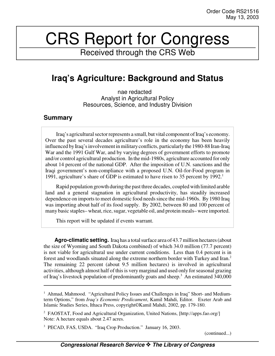 [20030513]RS21516_伊拉克农业：背景和状态.pdf_第1页