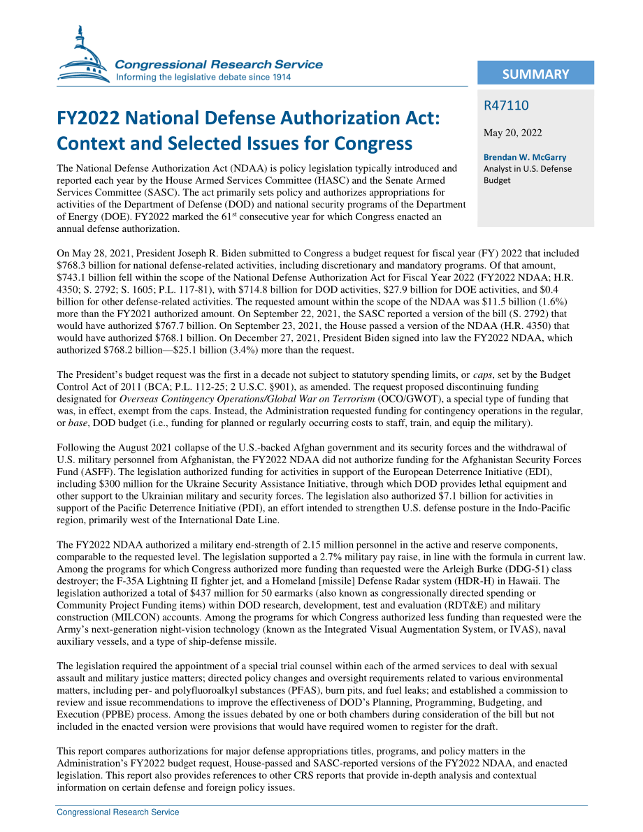 [20220520]R47110_2022财年国防授权法案：国会的背景和选定问题.pdf_第2页