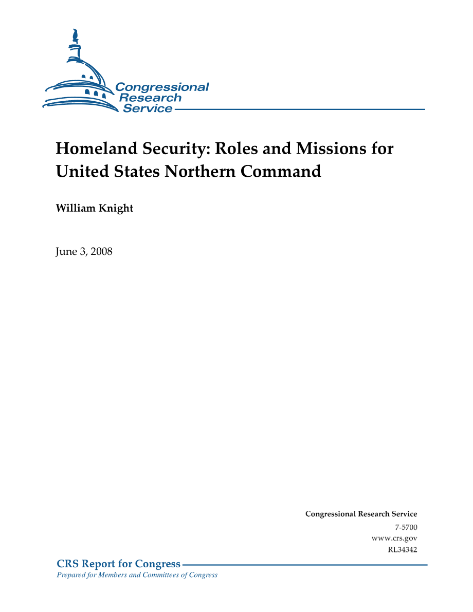 [20080603]RL34342_国土安全部：美国北方司令部的作用和任务.pdf_第1页