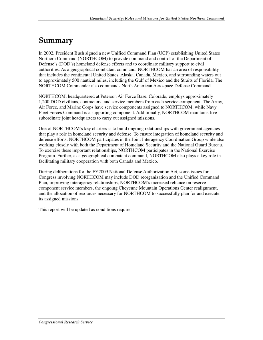 [20080603]RL34342_国土安全部：美国北方司令部的作用和任务.pdf_第2页