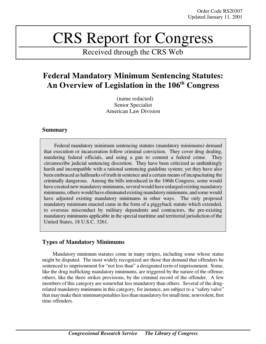 [20010111]RS20307_联邦强制性最低量刑法规：第106届国会立法概况.pdf_第1页