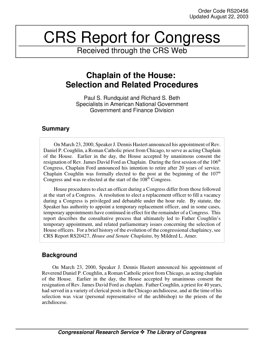 [20030822]RS20456_众议院牧师：选择和相关程序.pdf_第1页