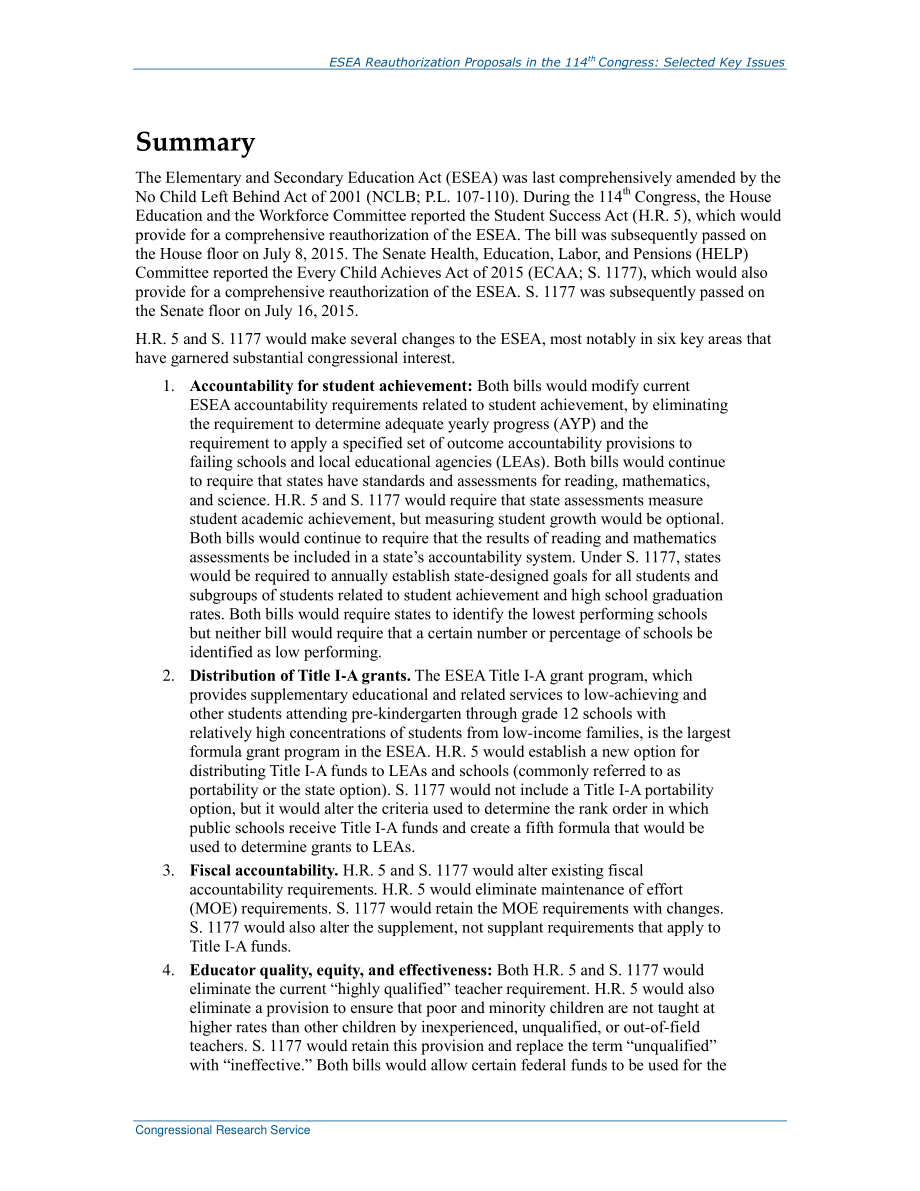 [20150730]R43916_第114届大会ESEA重新授权提案：选定的关键问题.pdf_第2页
