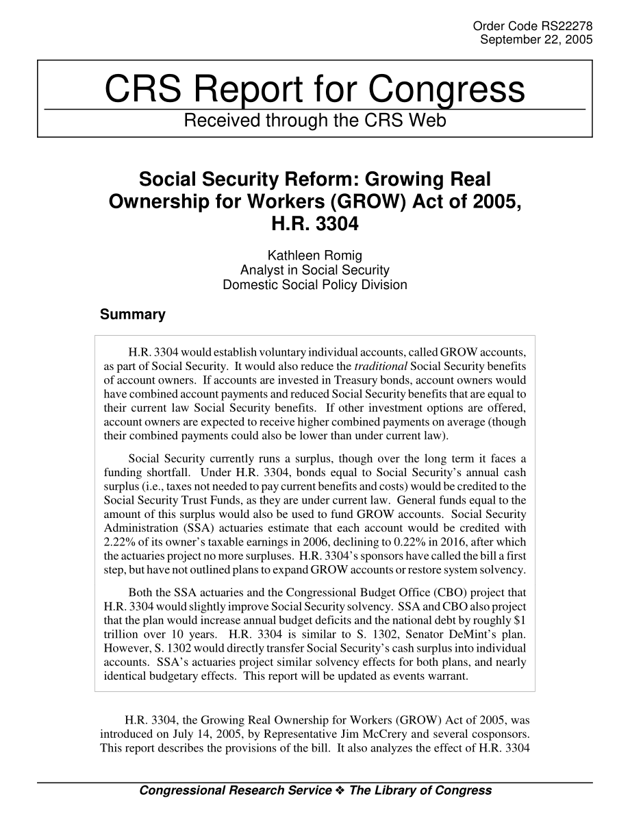 [20050922]RS22278_社会保障改革：《2005年工人实际所有权增长（增长）法案》H.R.3304.pdf_第1页