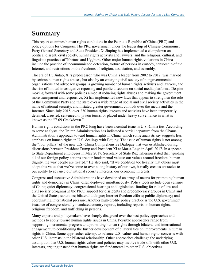 [20170717]R44897_中国的人权与美国的政策：第115届大会议题.pdf_第2页