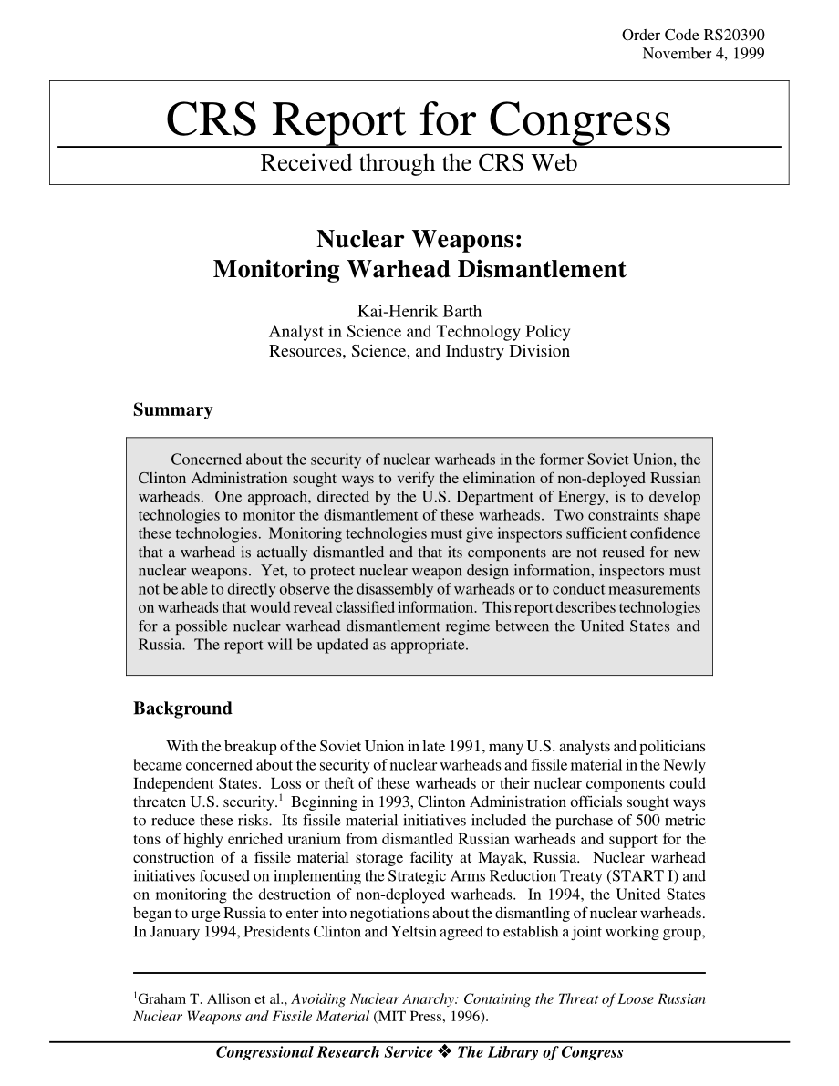 [19991104]RS20390_核武器： Monitoring Warhead Dismantlement.pdf_第1页