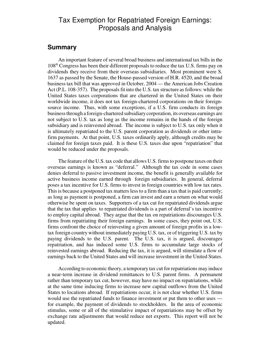 [20060427]RL32125_汇回国外收入免税：提案和分析.pdf_第2页