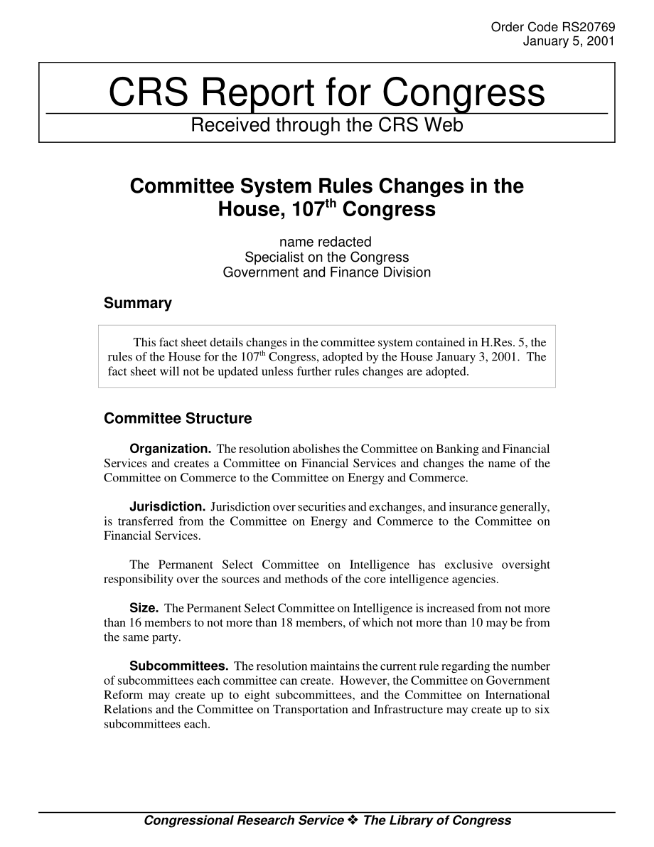 [20010105]RS20769_第107届国会众议院委员会制度规则的变化.pdf_第1页