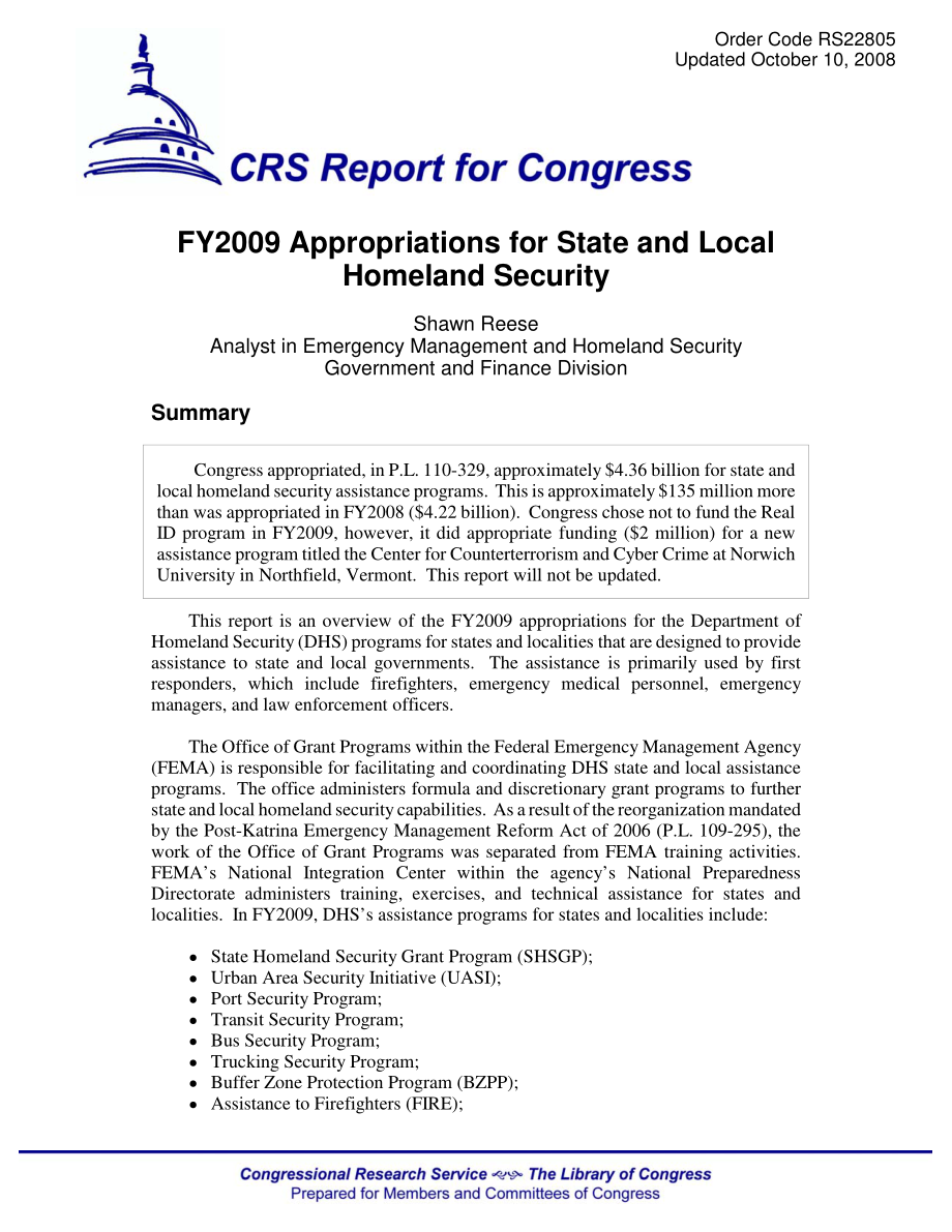 [20081010]RS22805_2009财年国家和地方国土安全拨款.pdf_第1页