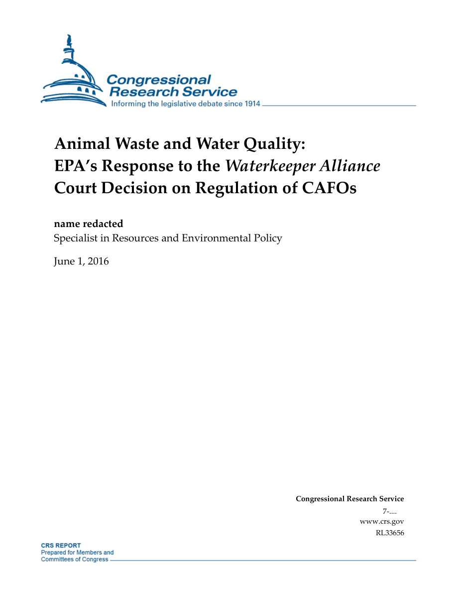 [20160601]RL33656_动物粪便和水质：EPA对Waterkeeper Alliance法院关于管制CAFO的裁决的回应.pdf_第1页