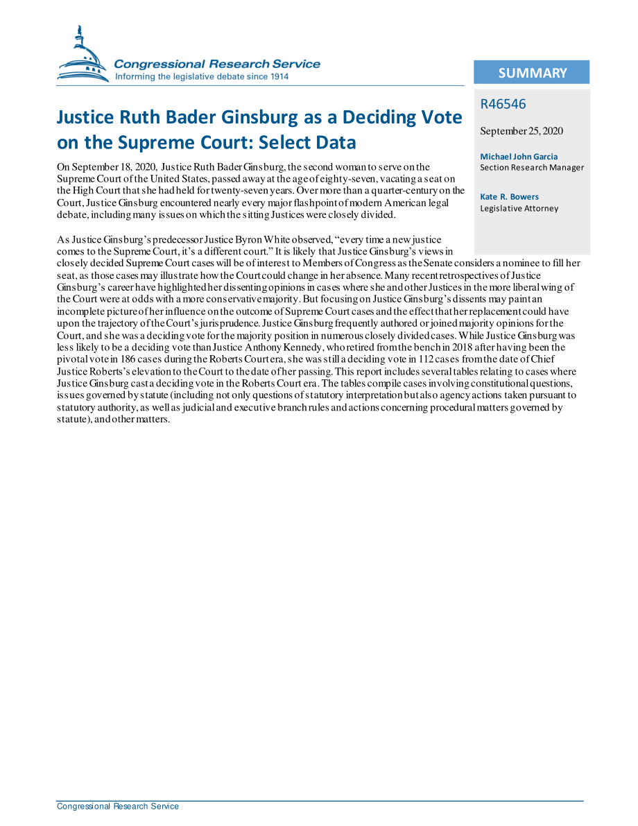[20200925]R46546_Ruth Bader Ginsburg法官作为对最高法院的决定性投票：选择数据.pdf_第2页