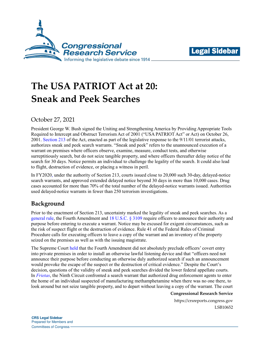 [20211027]LSB10652_《美国爱国者法案》第20条：偷窥和偷窥搜索.pdf_第1页