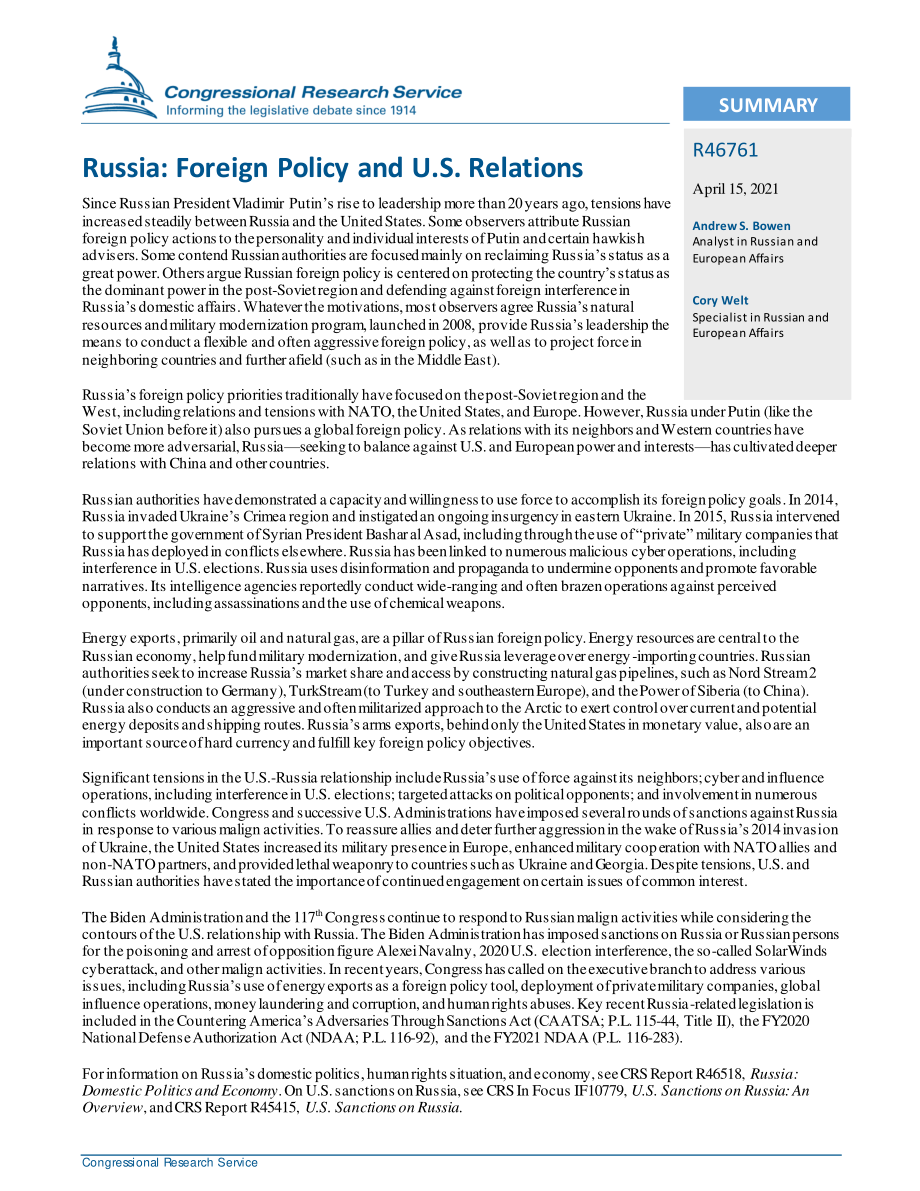 [20210415]R46761_俄罗斯：外交政策与美国关系.pdf_第2页