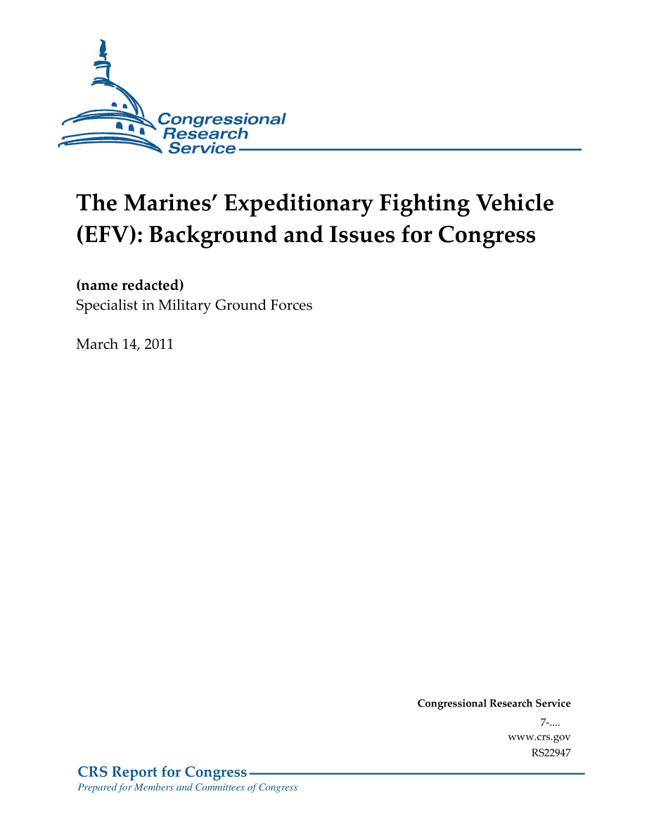 [20110314]RS22947_海军陆战队远征战车（EFV）：国会背景和议题.pdf_第1页