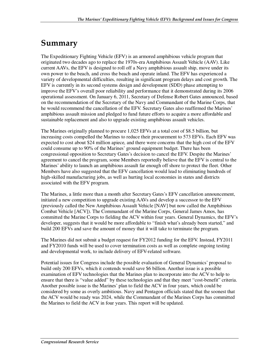[20110314]RS22947_海军陆战队远征战车（EFV）：国会背景和议题.pdf_第2页
