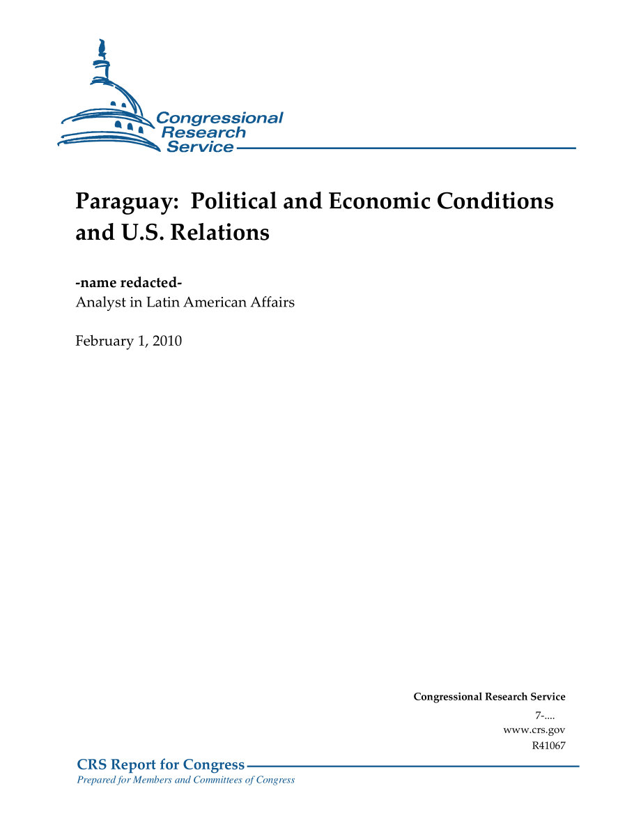 [20100201]R41067_巴拉圭：政治和经济状况与美国关系.pdf_第1页