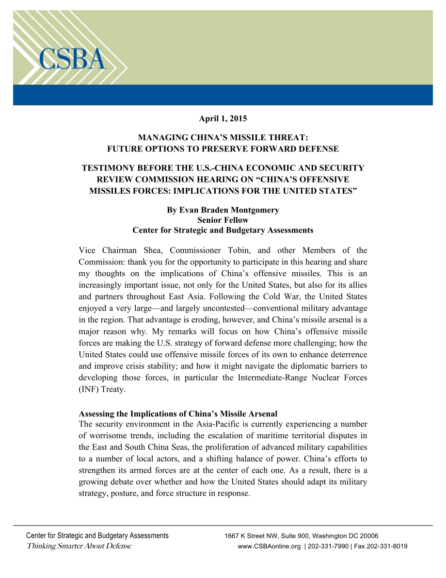 CSBA_20150401_应对中国导弹威胁：保护前沿防御的未来选择.pdf_第1页