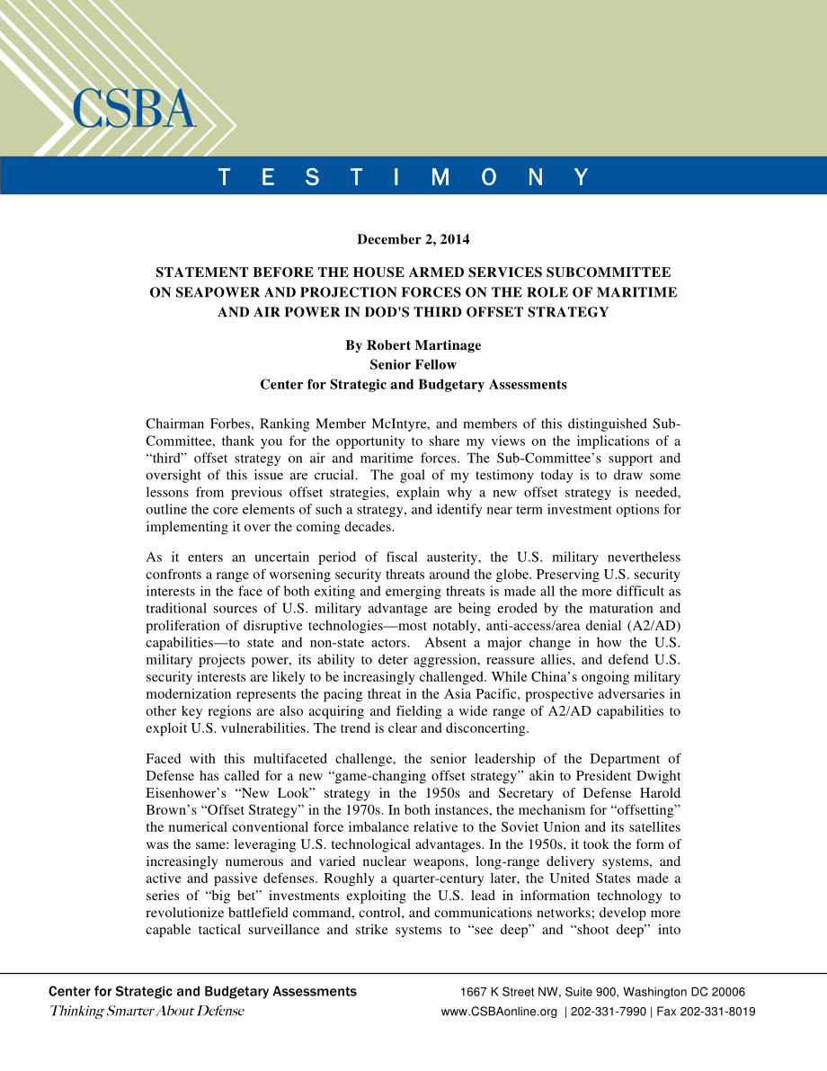CSBA_20141202_海上和空中力量在国防部第三抵消战略中的作用.pdf_第1页