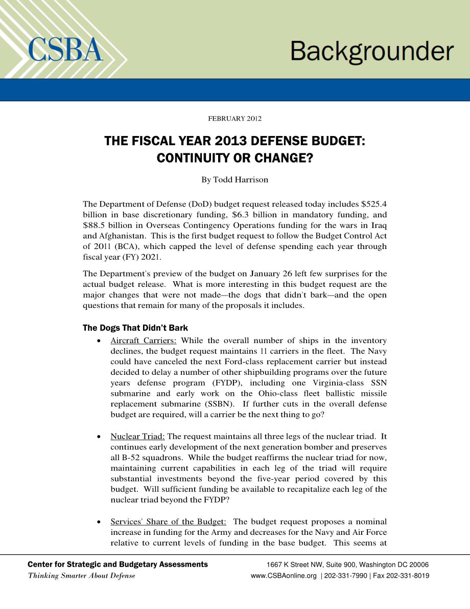 CSBA_20120213_2013财年国防预算：持续还是变化？.pdf_第1页