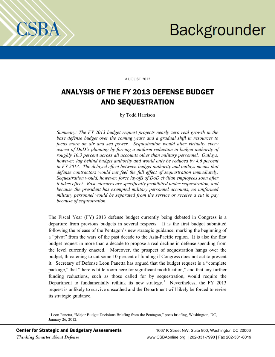 CSBA_20120824_2013财年国防预算和自动减支分析.pdf_第1页