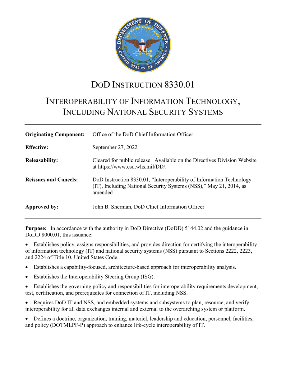 DoDI 8330.01 信息技术和国家安全系统的互操作性.pdf_第1页