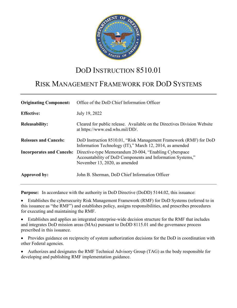DoDI 8510.01 国防部系统的风险管理框架（RMF）.pdf_第1页