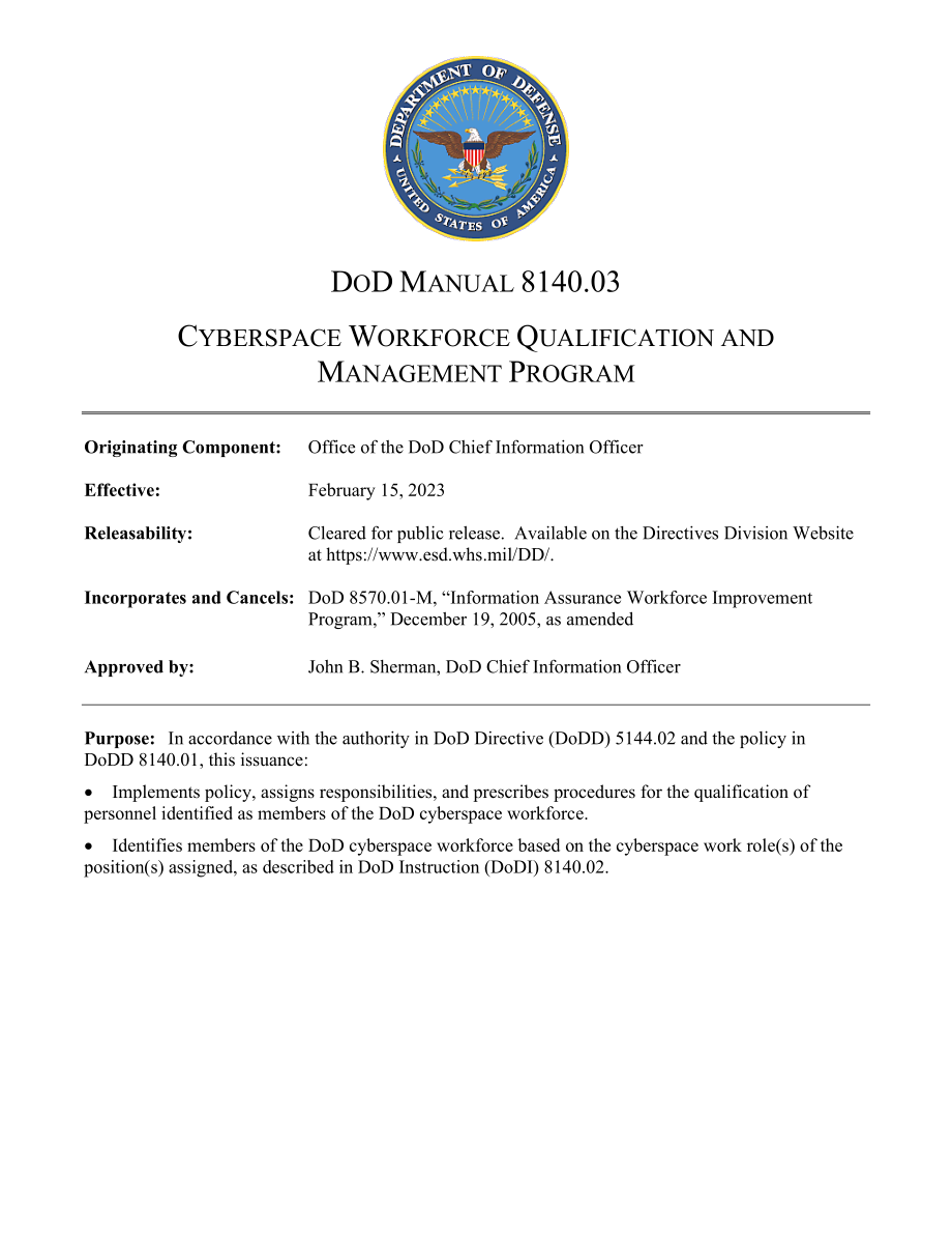 DoDM 8140.03 网络空间工作人员资格与管理计划.pdf_第1页