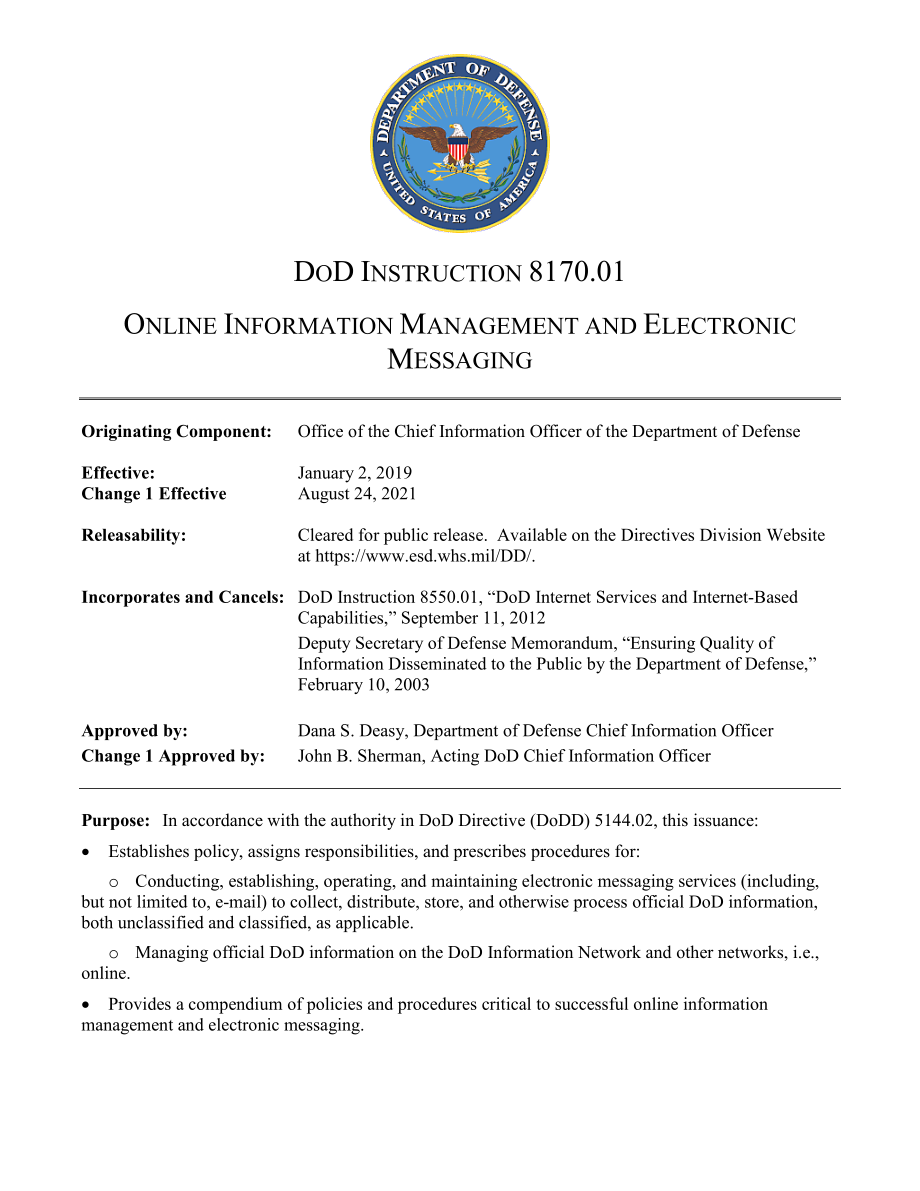DoDI 8170.01 在线信息管理和电子消息.pdf_第1页
