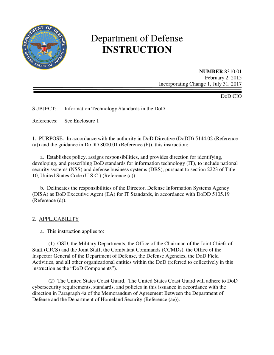 DoDI 8310.01 国防部信息技术标准.pdf_第1页