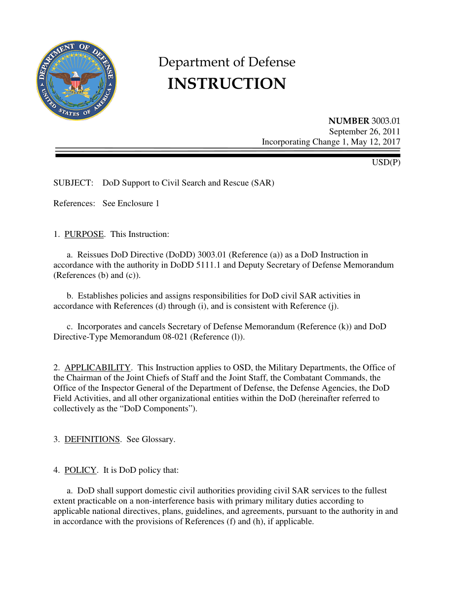 DoDI 3003.01 国防部支持民用搜索和救援（SAR）.pdf_第1页