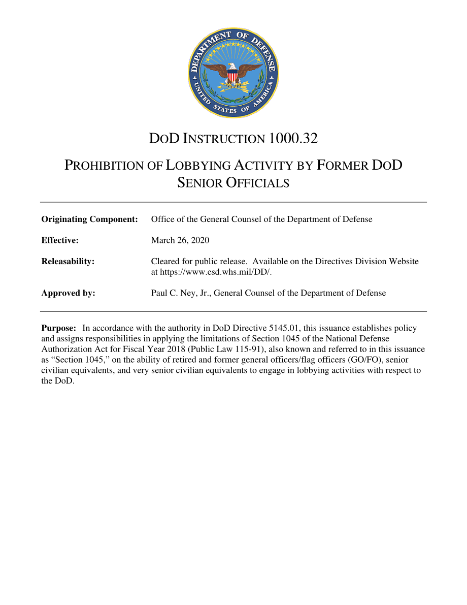 DoDI 1000.32 禁止前国防部高级官员进行游说活动.pdf_第1页