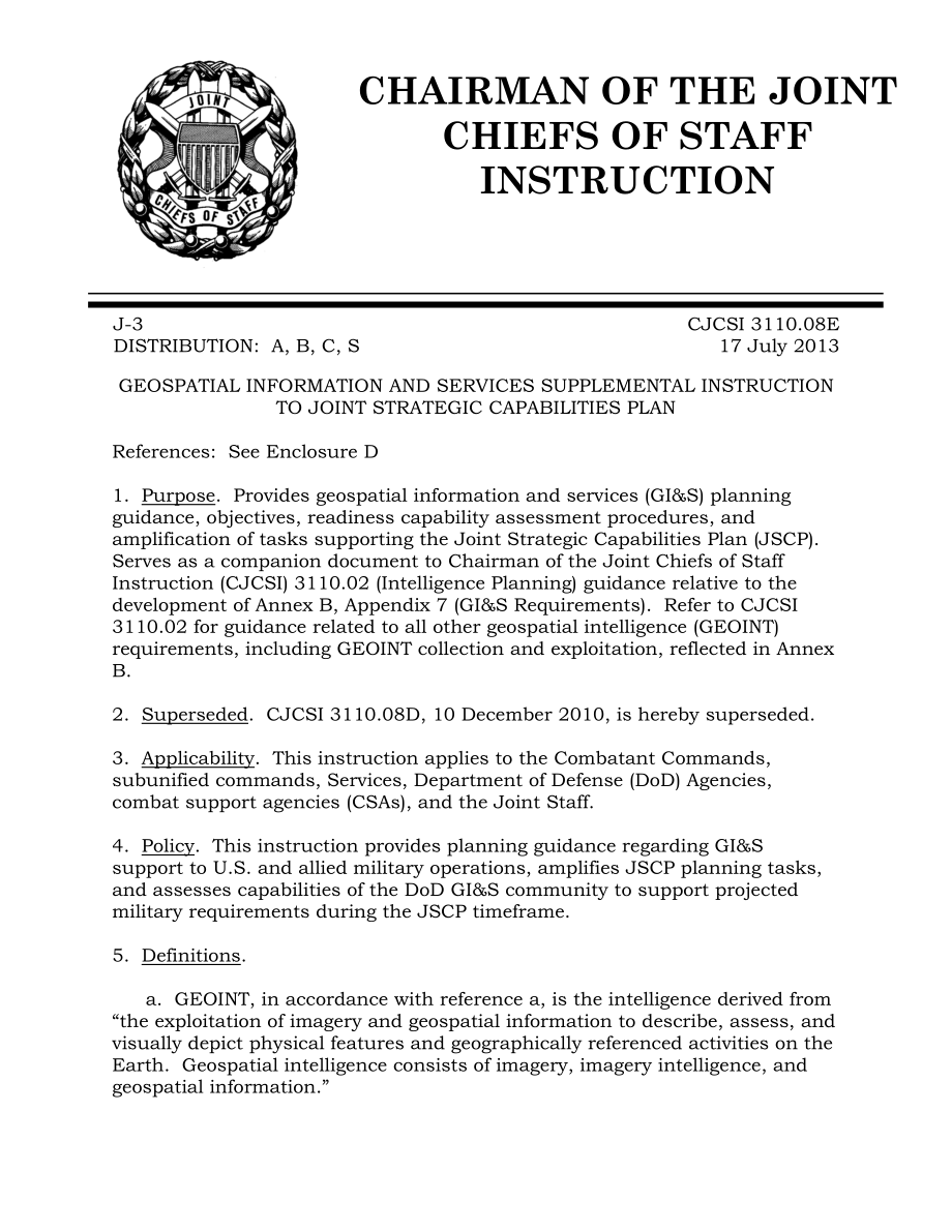 CJCSI 3110.08E 联合战略能力计划（JSCP）中的地理空间信息和军种补充说明.pdf_第1页