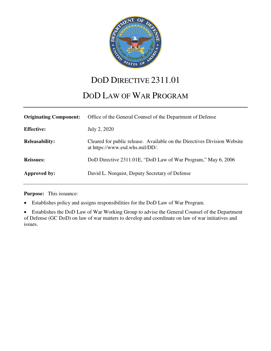 DoDD 2311.01 国防部战争法计划.pdf_第1页