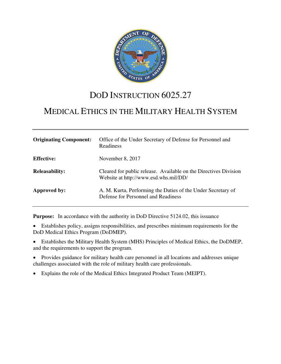 DoDI 6025.27 军事卫生系统中的医学伦理.pdf_第1页