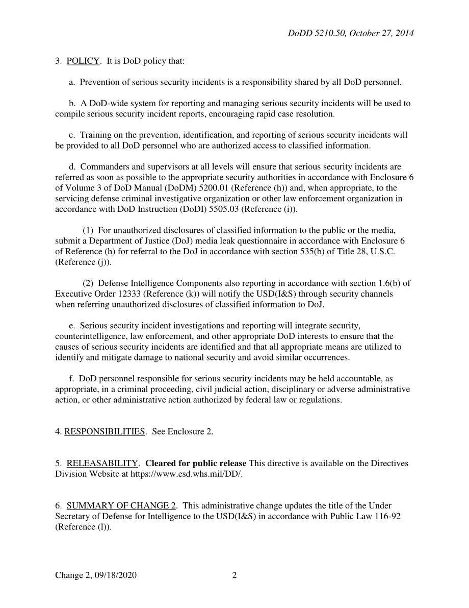 DoDD 5210.50 涉及涉密信息的严重安全事件治理.pdf_第2页