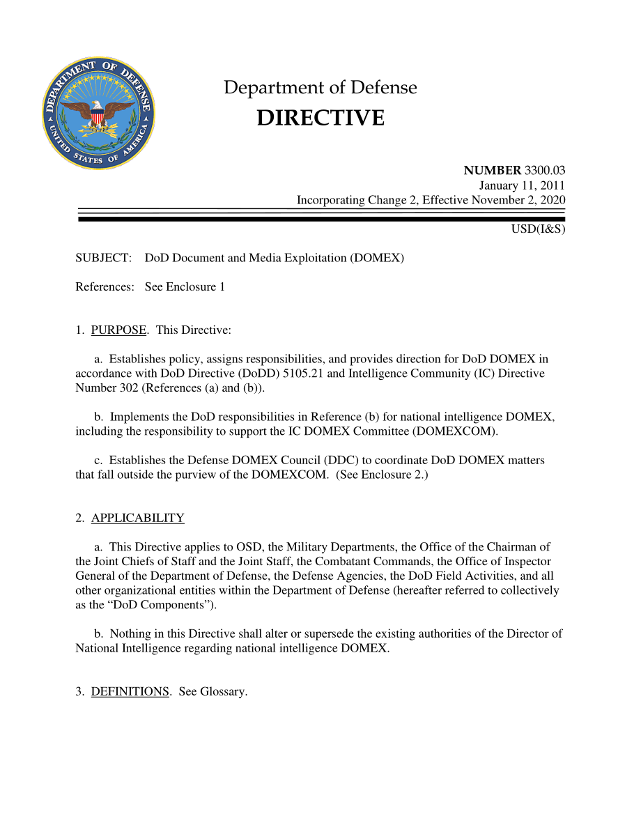 DoDD 3300.03 国防部文件和媒体利用（DOMEX）.pdf_第1页