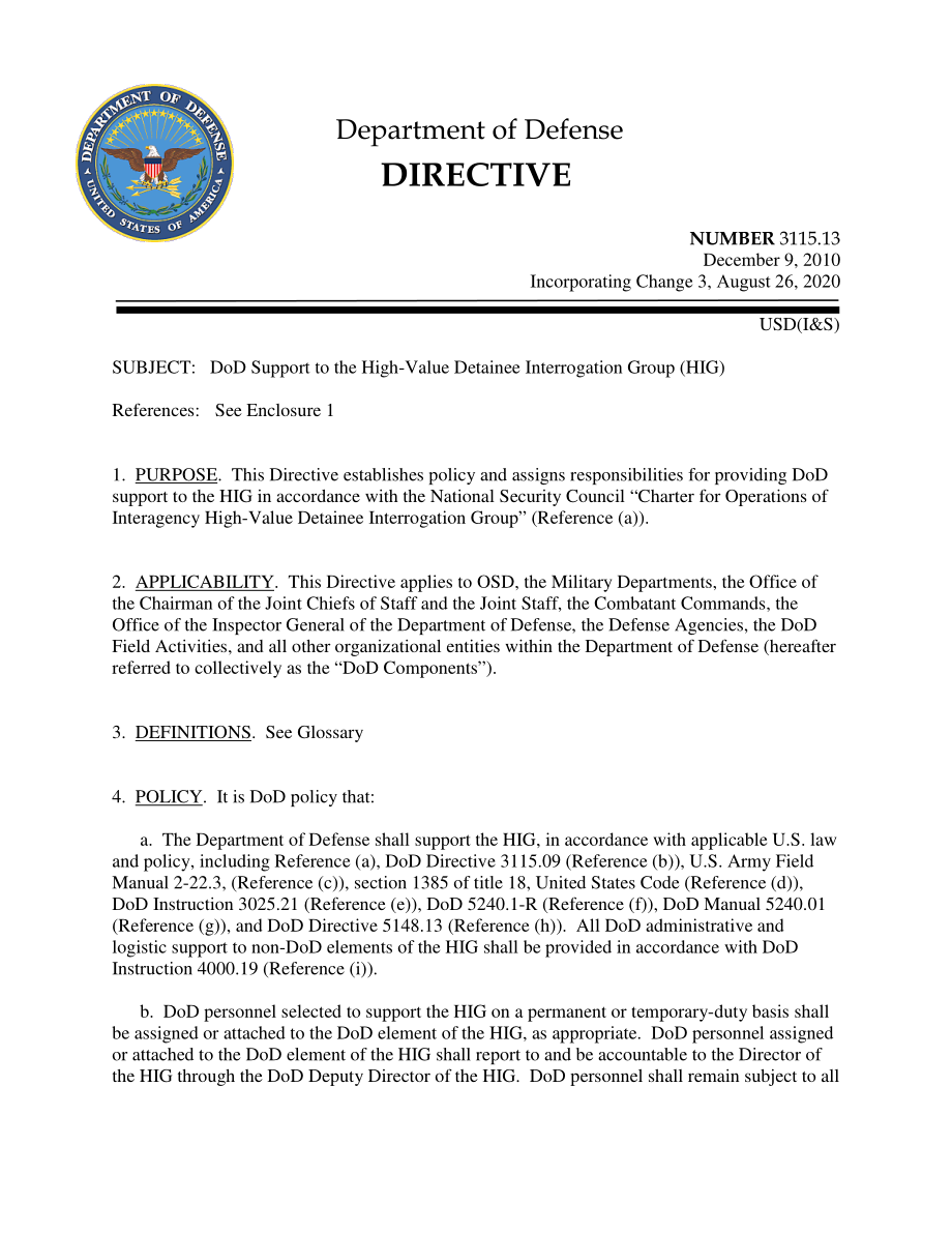 DoDD 3115.13 国防部支持高价值被拘留者审讯组（HIG）.pdf_第1页