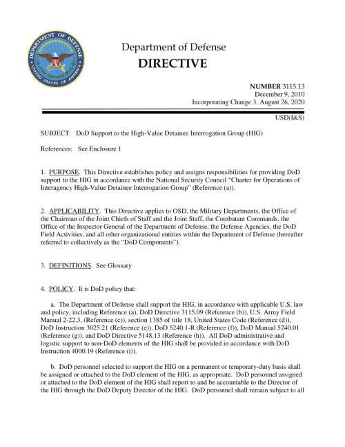 DoDD 3115.13 国防部支持高价值被拘留者审讯组（HIG）.pdf