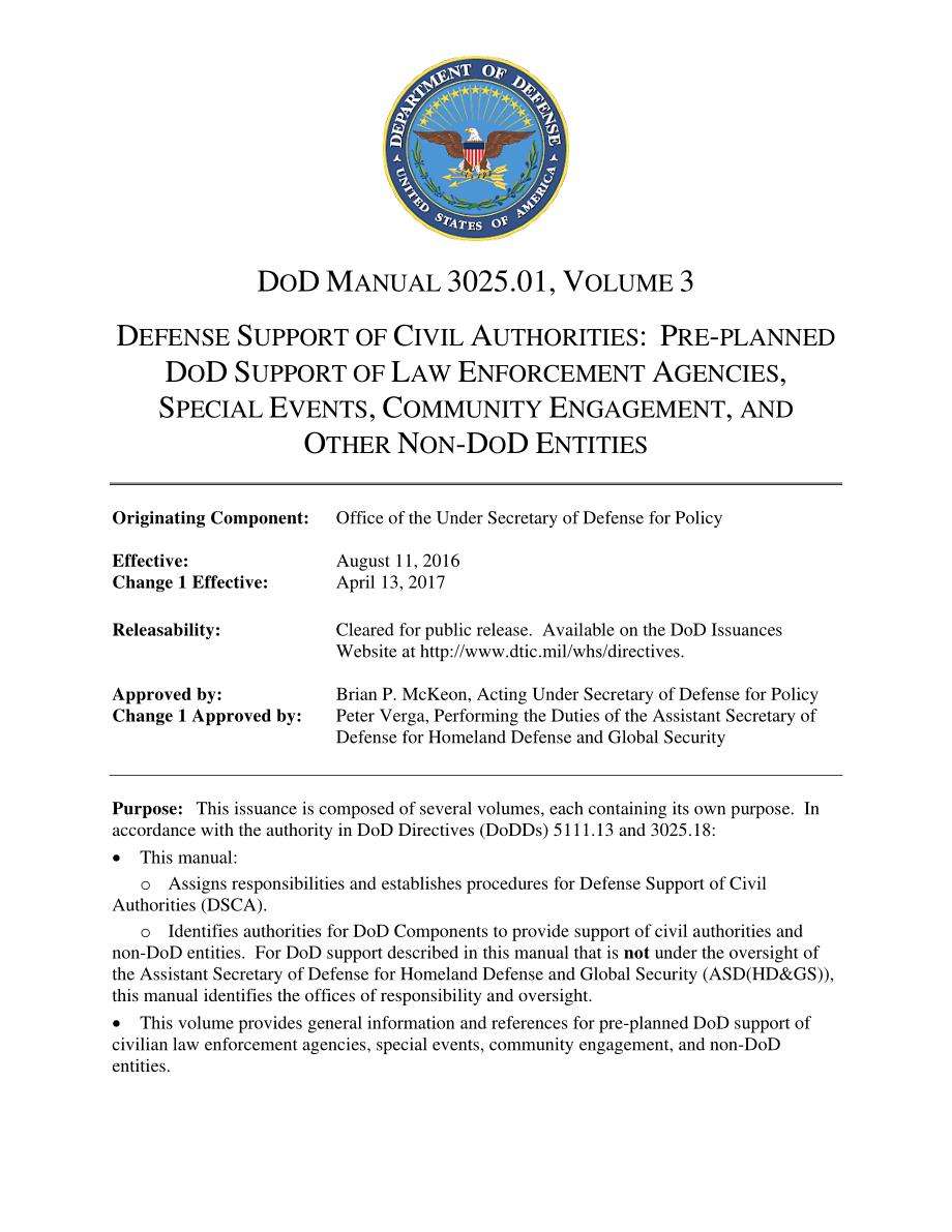 DoDM 3025.01 Volume 3 民事当局的国防支持：预先计划的国防部对执法机构、特别活动、社区参与和其他非国防部实体的支持.pdf_第1页