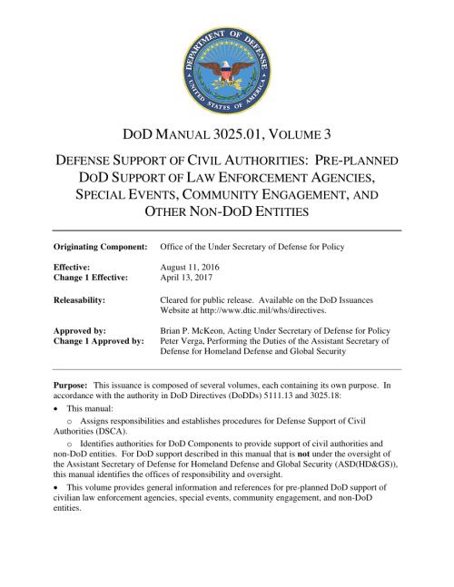 DoDM 3025.01 Volume 3 民事当局的国防支持：预先计划的国防部对执法机构、特别活动、社区参与和其他非国防部实体的支持.pdf