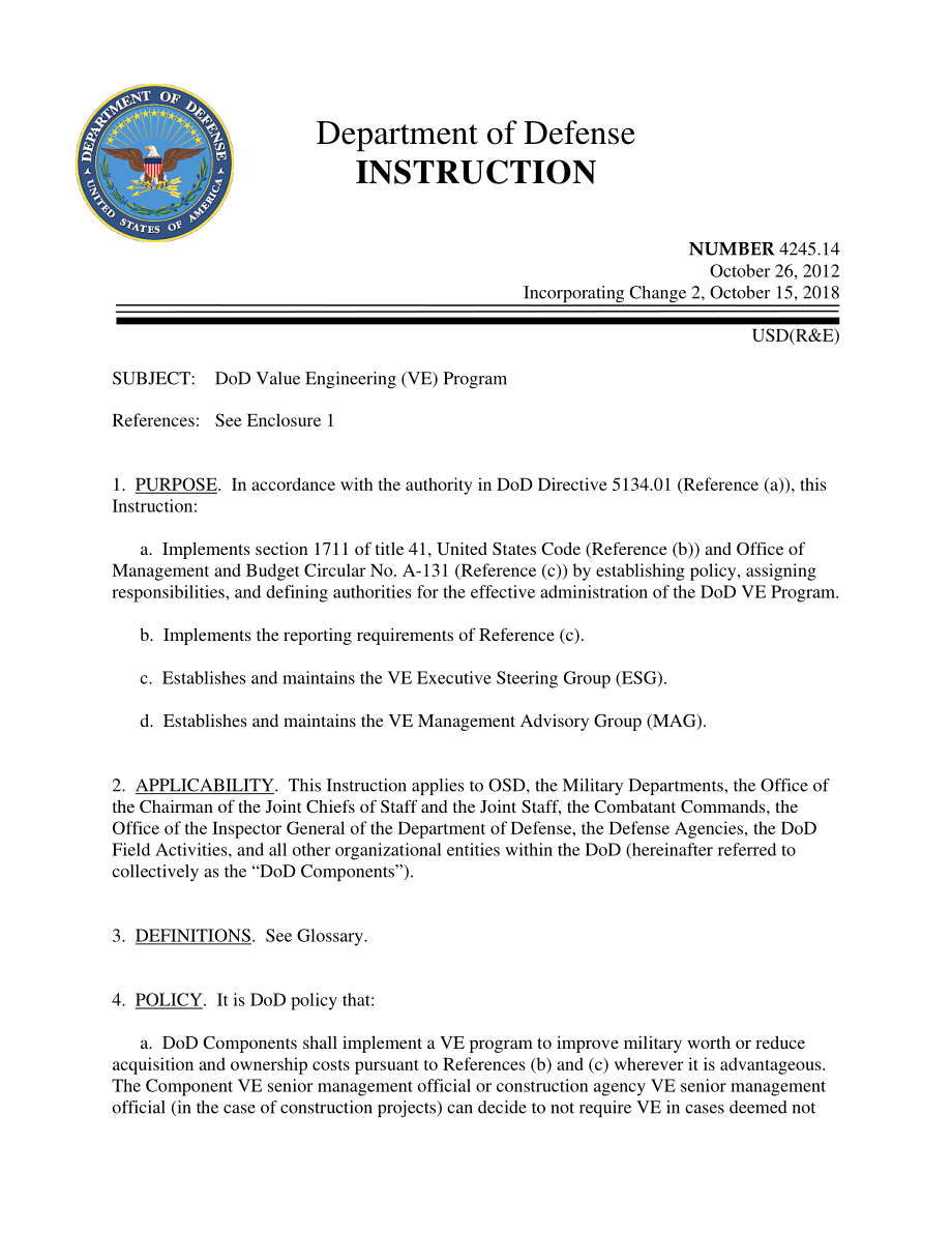 DoDI 4245.14 国防部价值工程（VE）计划.pdf_第1页