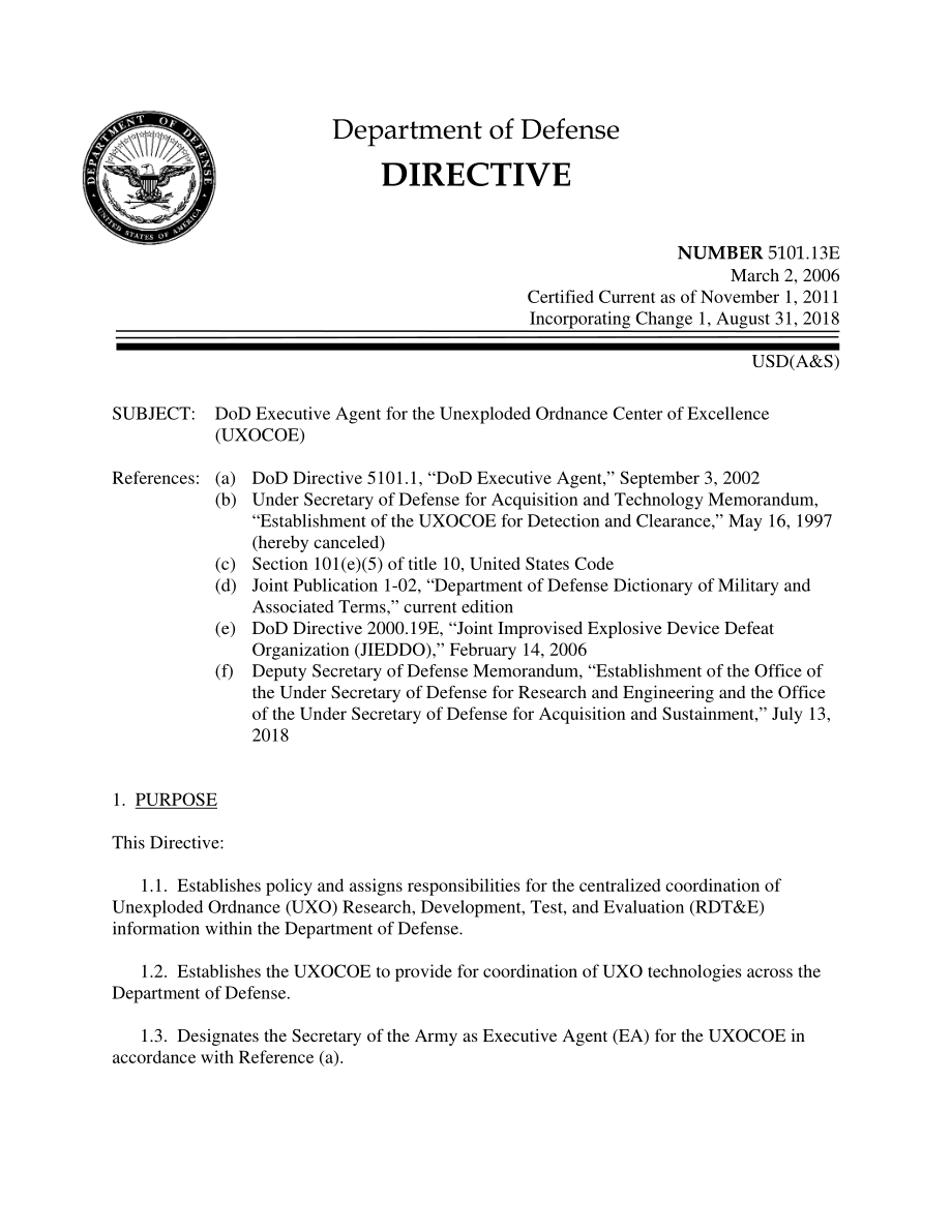 DoDD 5101.13E 国防部未爆弹药卓越中心（UXOCOE）执行代理.pdf_第1页