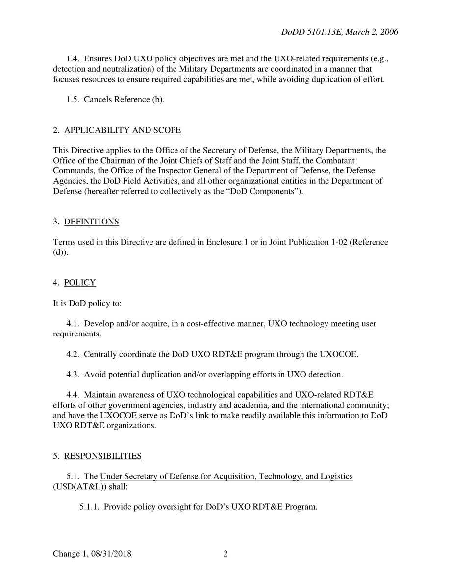 DoDD 5101.13E 国防部未爆弹药卓越中心（UXOCOE）执行代理.pdf_第2页