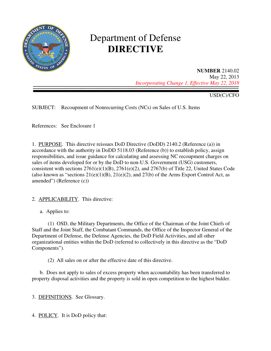 DoDD 2140.02 美国商品销售非经常性成本（NC）的回收.pdf_第1页