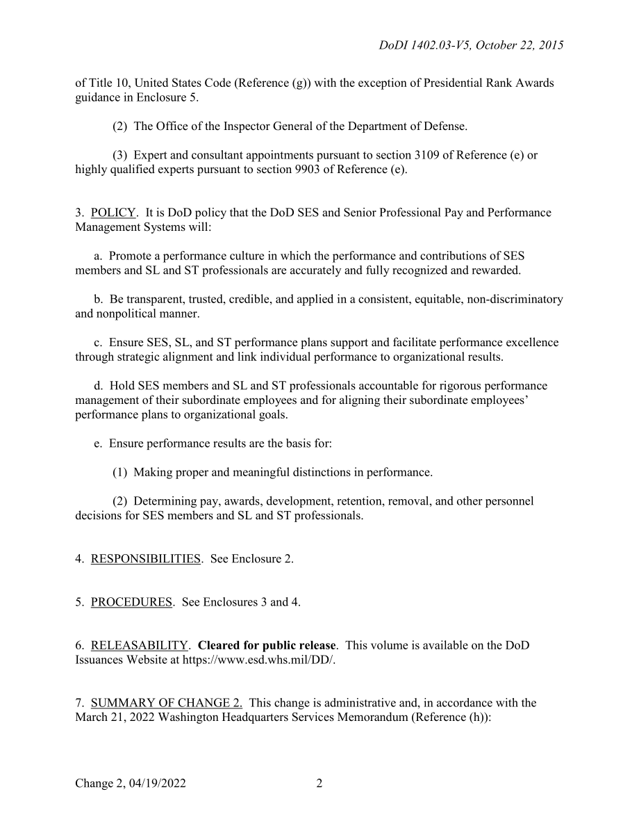 DoDI 1402.03 Volume 5 国防部第四权力中的高级行政服务（SES）、高级（SL）和科学与专业（ST）人员类别：绩效管理和总统等级奖.pdf_第2页